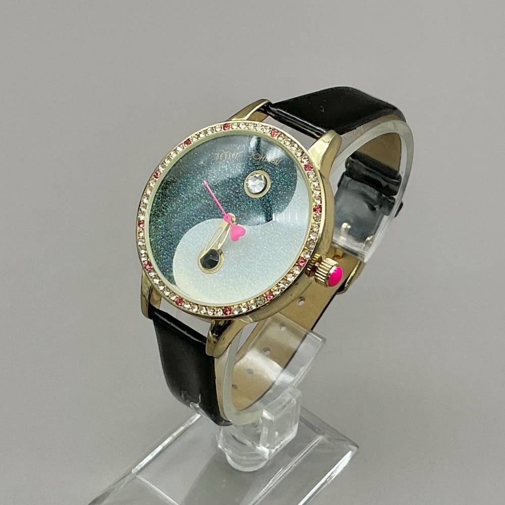 Betsey Johnson Watch Yin Yang Glitter Crystal Black Gold 40mm NEW BATTERY
